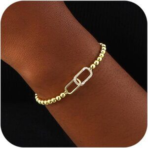Women 14K Gold Plated Beaded Bracelets Gold Stretch Bead Bracelet Handmade